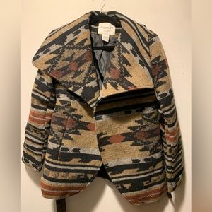 Brown neutrals Aztec print cropped pea coat waist tie fold over collar